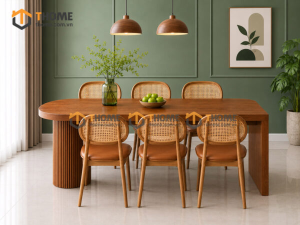 Bàn Ăn Gỗ Sồi Tự Nhiên 1 Chân Vuông 1 Chân Tròn Lan Sọc BAMG-47SN