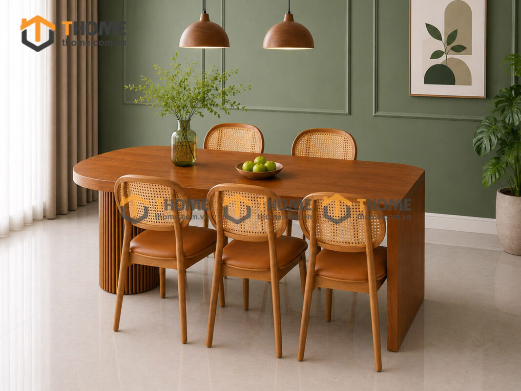 Bàn Ăn Gỗ Sồi Tự Nhiên 1 Chân Vuông 1 Chân Tròn Lan Sọc BAMG-47SN
