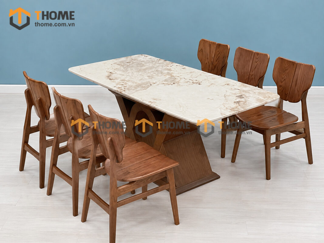 Bộ Bàn Ăn Nhập Khẩu Mặt Đá Chân Đan XO 6 Ghế Gỗ Sồi Tự Nhiên BBA6-71SN