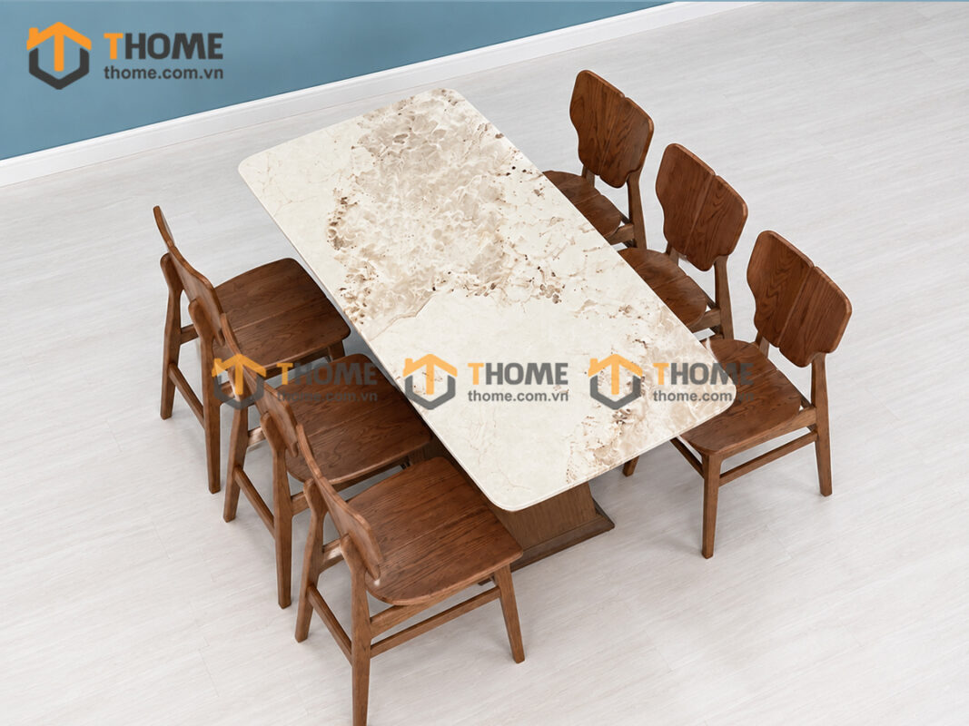 Bộ Bàn Ăn Nhập Khẩu Mặt Đá Chân Đan XO 6 Ghế Gỗ Sồi Tự Nhiên BBA6-71SN