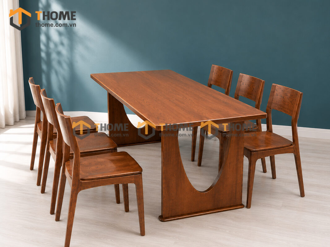 Bộ Bàn Ăn Chân Khoét Nửa Oval 6 Ghế Gỗ Sồi Tự Nhiên BBA6-76SN