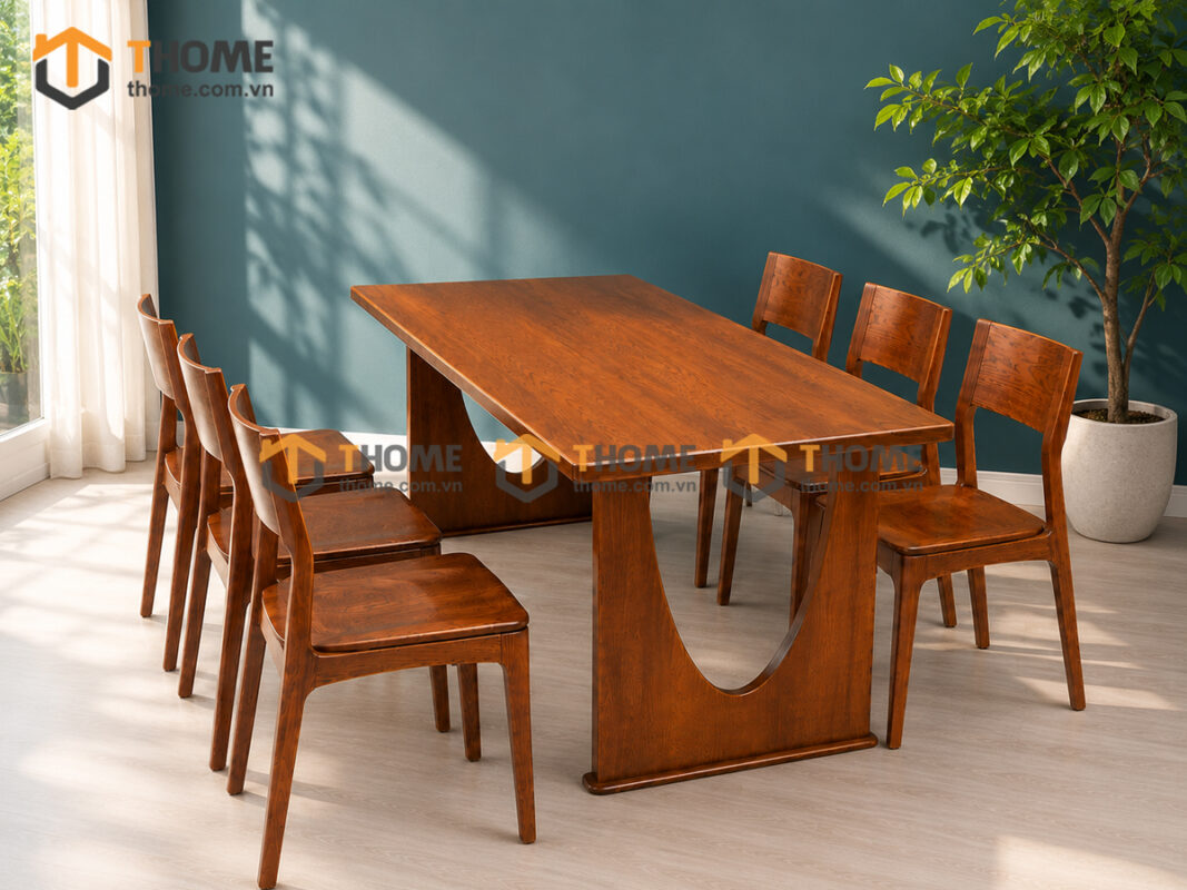 Bộ Bàn Ăn Chân Khoét Nửa Oval 6 Ghế Gỗ Sồi Tự Nhiên BBA6-76SN