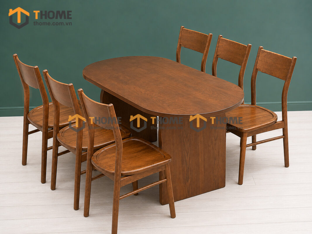 Bộ Bàn Ăn Chân U Ngược 6 Ghế Gỗ Sồi Tự Nhiên BBA6-74SN