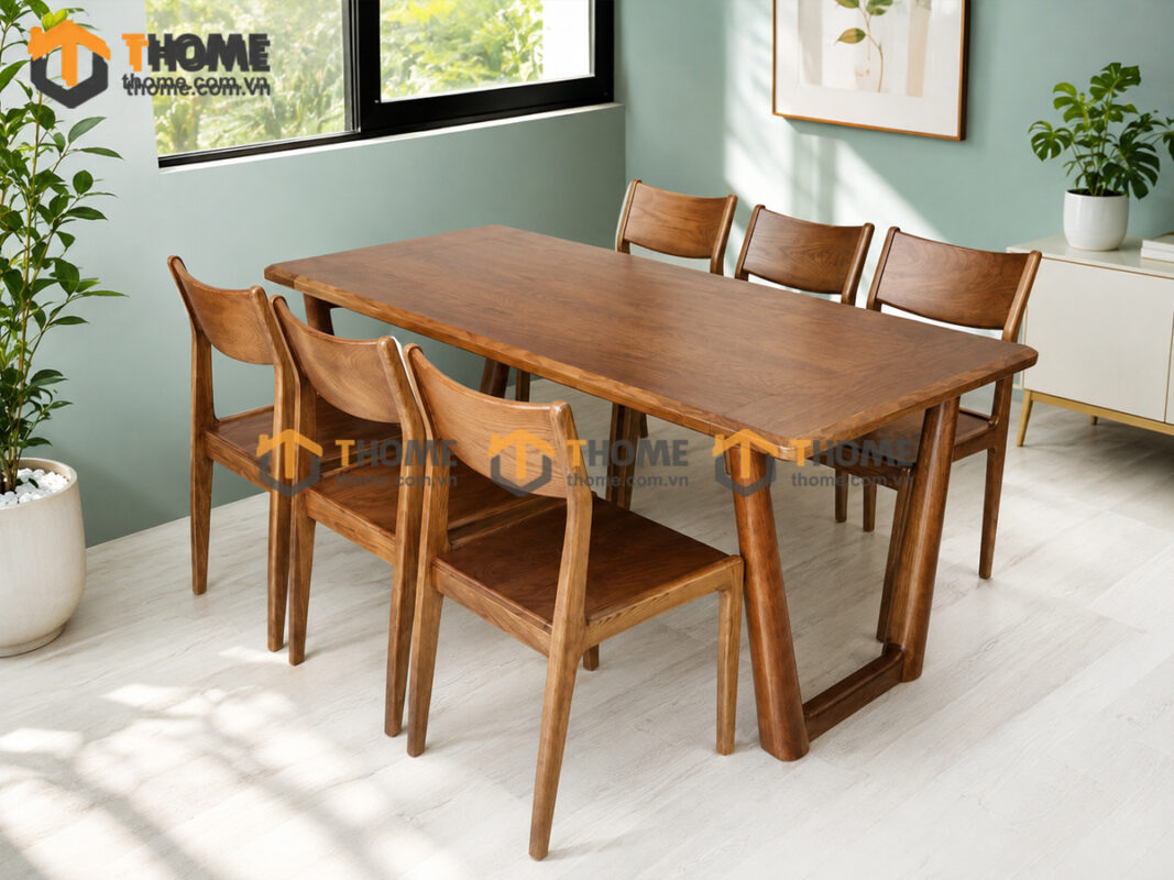 Bộ Bàn Ăn Chân V Chụm 6 Ghế Gỗ Sồi Tự Nhiên BBA6-69SN