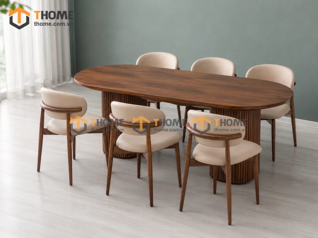 Bộ Bàn Ăn 2 Chân Tròn Lan Sọc 6 Ghế Gỗ Sồi Tự Nhiên BBA6-63SN