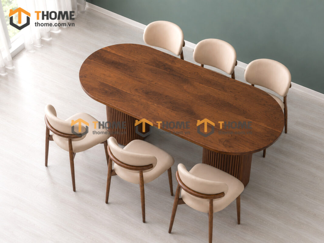 Bộ Bàn Ăn 2 Chân Tròn Lan Sọc 6 Ghế Gỗ Sồi Tự Nhiên BBA6-63SN