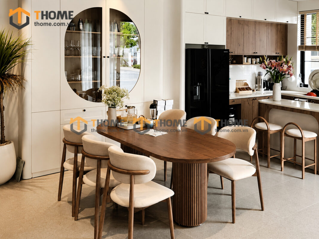 Bộ Bàn Ăn 2 Chân Tròn Lan Sọc 6 Ghế Gỗ Sồi Tự Nhiên BBA6-63SN