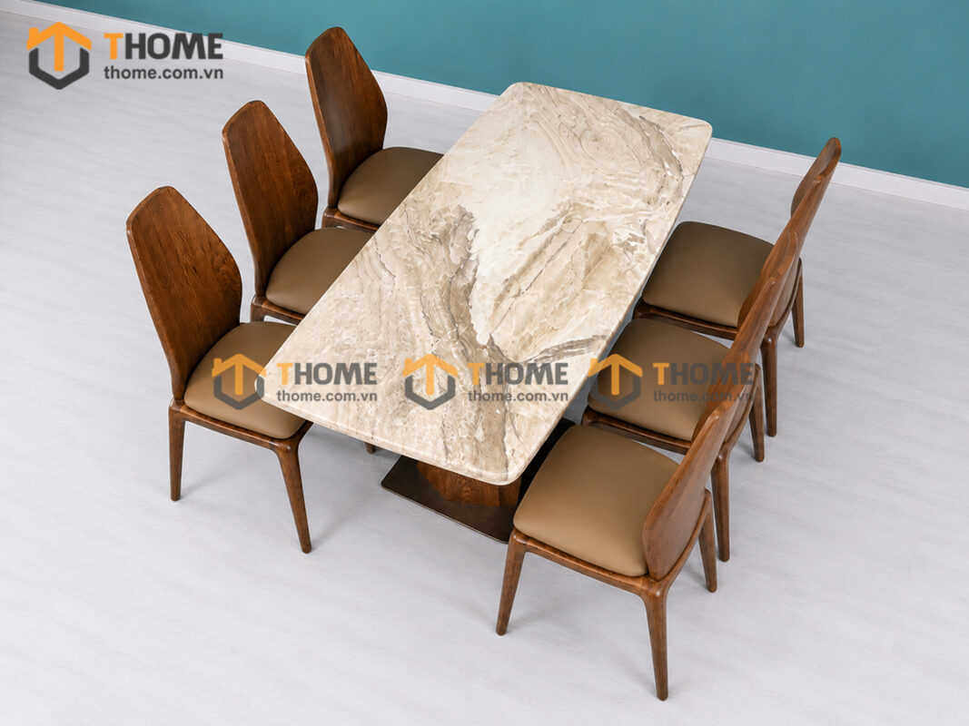 Bộ Bàn Ăn NhâpMặt Đá Chân M 6 Ghế Gỗ Sồi Tự Nhiên BBA6-66SN