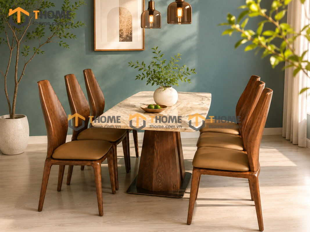 Bộ Bàn Ăn NhâpMặt Đá Chân M 6 Ghế Gỗ Sồi Tự Nhiên BBA6-66SN