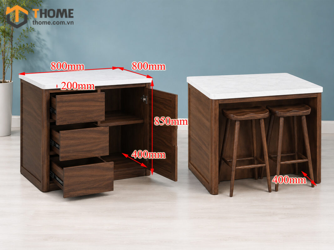 Bếp Đảo Gỗ Sồi Tự Nhiên Nova 1 Cánh 3 Hộc Kéo BD-05SN