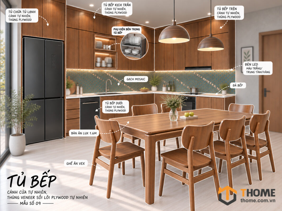 Thiết Kế Bộ Phòng Ăn Gỗ Sồi Tự Nhiên Số 09 Cánh Veneer TKPA-09SN