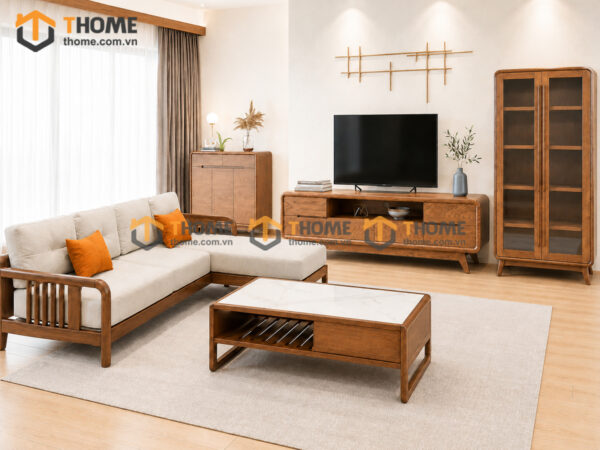 Thiết Kế Bộ Phòng Khách Gỗ Sồi Tự Nhiên Số 06 Chân Quỳ TKPK-06SN