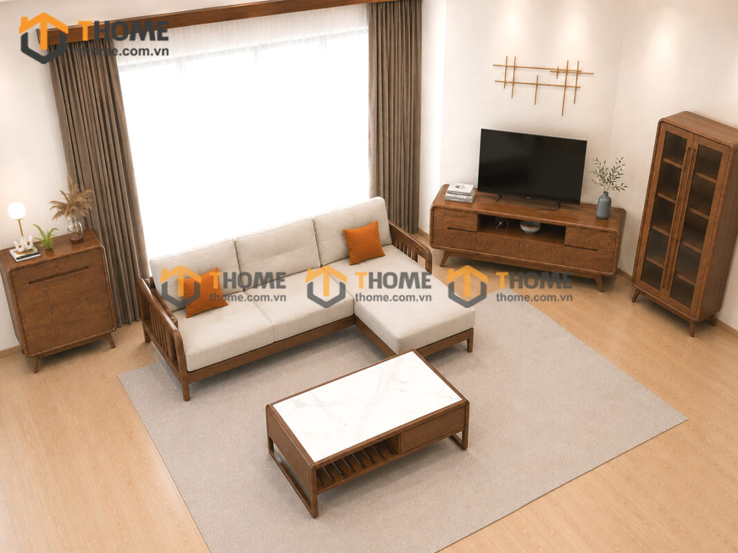 Thiết Kế Bộ Phòng Khách Gỗ Sồi Tự Nhiên Số 06 Chân Quỳ TKPK-06SN