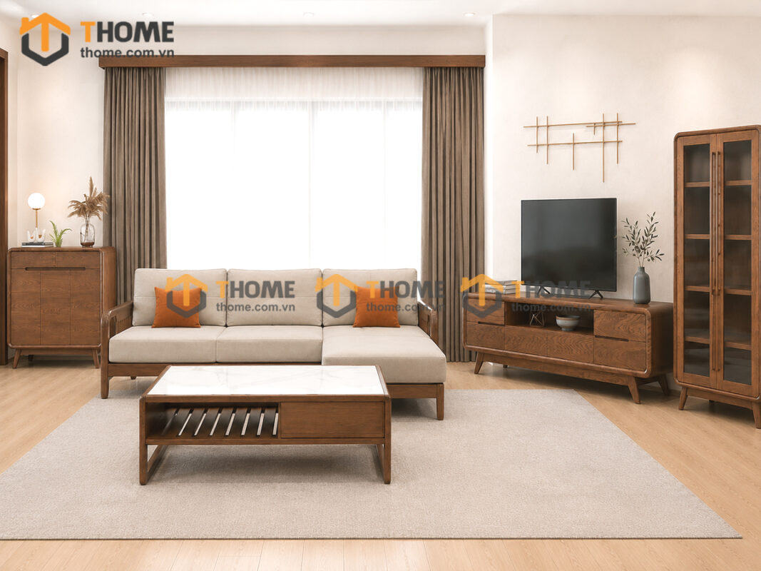 Thiết Kế Bộ Phòng Khách Gỗ Sồi Tự Nhiên Số 06 Chân Quỳ TKPK-06SN