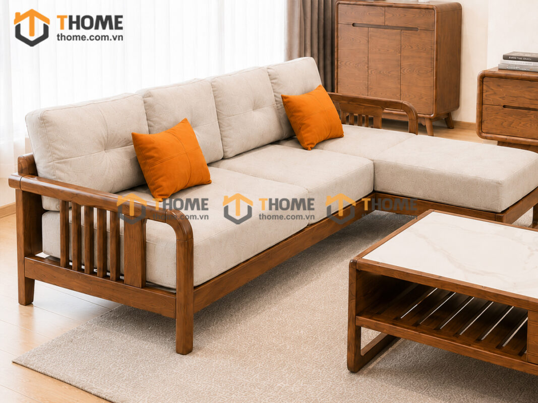 Thiết Kế Bộ Phòng Khách Gỗ Sồi Tự Nhiên Số 06 Chân Quỳ TKPK-06SN