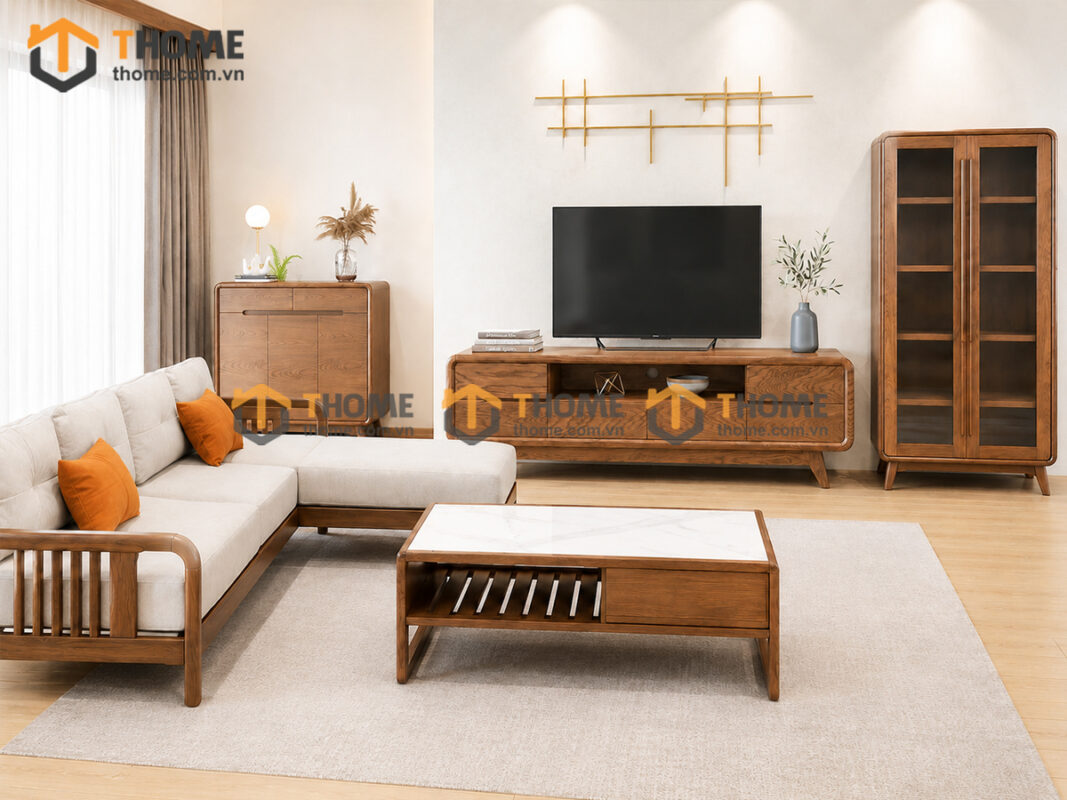 Thiết Kế Bộ Phòng Khách Gỗ Sồi Tự Nhiên Số 06 Chân Quỳ TKPK-06SN