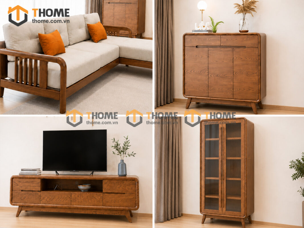 Thiết Kế Bộ Phòng Khách Gỗ Sồi Tự Nhiên Số 06 Chân Quỳ TKPK-06SN