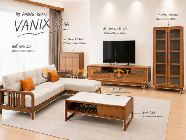 Thiết Kế Bộ Phòng Khách Gỗ Sồi Tự Nhiên Số 06 Chân Quỳ TKPK-06SN
