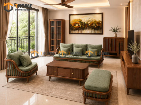 Thiết Kế Bộ Phòng Khách Gỗ Sồi Tự Nhiên Số 07 Chân Quỳ TKPK-07SN