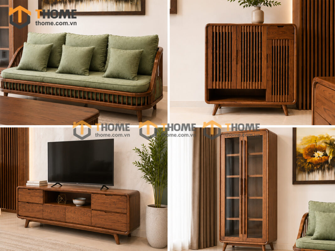 Thiết Kế Bộ Phòng Khách Gỗ Sồi Tự Nhiên Số 07 Chân Quỳ TKPK-07SN