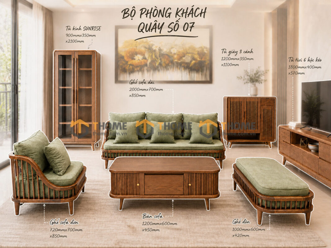 Thiết Kế Bộ Phòng Khách Gỗ Sồi Tự Nhiên Số 07 Chân Quỳ TKPK-07SN