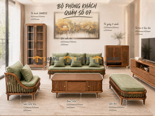 Thiết Kế Bộ Phòng Khách Gỗ Sồi Tự Nhiên Số 07 Chân Quỳ TKPK-07SN
