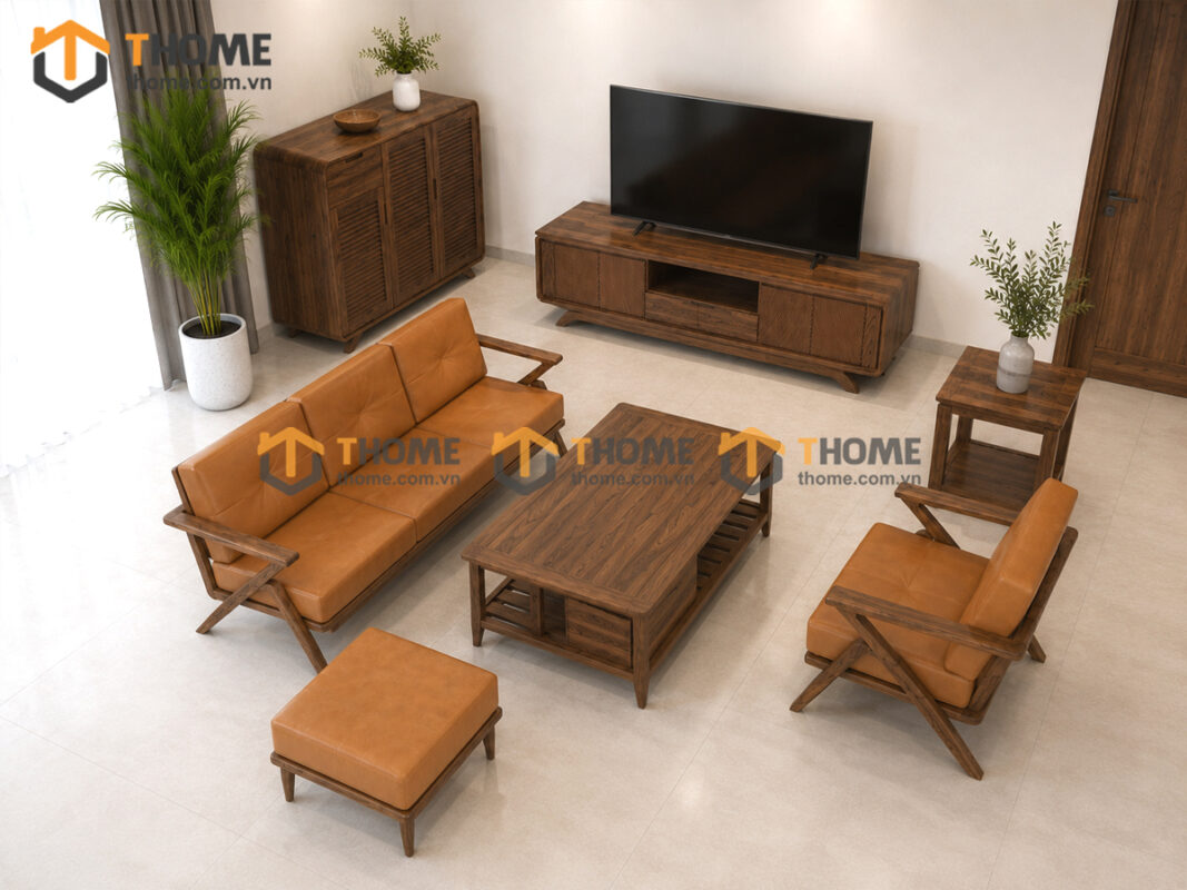 Thiết Kế Bộ Phòng Khách Gỗ Sồi Tự Nhiên Số 08 Chân Quỳ TKPK-08SN