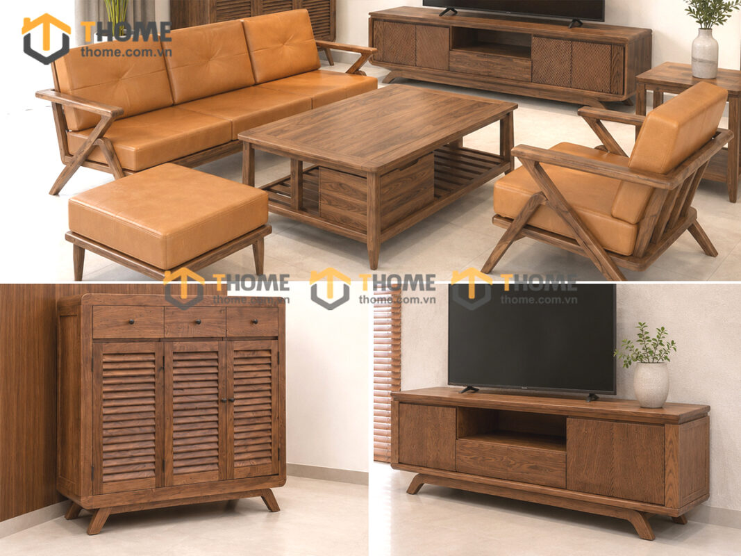 Thiết Kế Bộ Phòng Khách Gỗ Sồi Tự Nhiên Số 08 Chân Quỳ TKPK-08SN