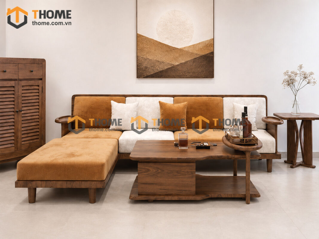 Thiết Kế Bộ Phòng Khách Gỗ Sồi Tự Nhiên Số 09 Chân Quỳ TKPK-09SN