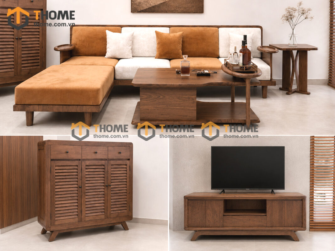 Thiết Kế Bộ Phòng Khách Gỗ Sồi Tự Nhiên Số 09 Chân Quỳ TKPK-09SN