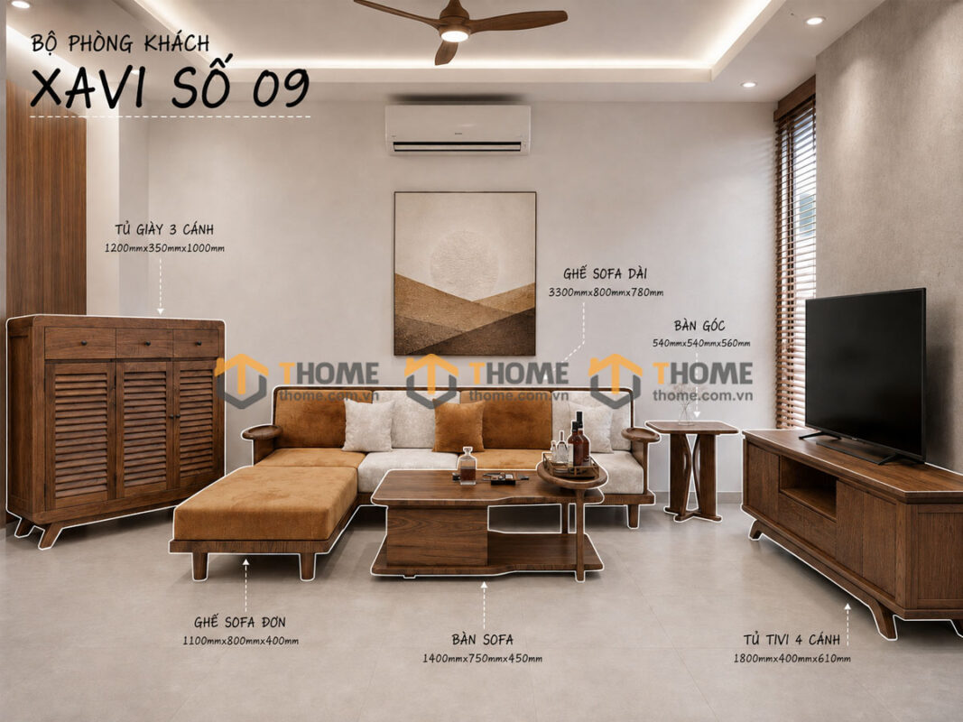 Thiết Kế Bộ Phòng Khách Gỗ Sồi Tự Nhiên Số 09 Chân Quỳ TKPK-09SN