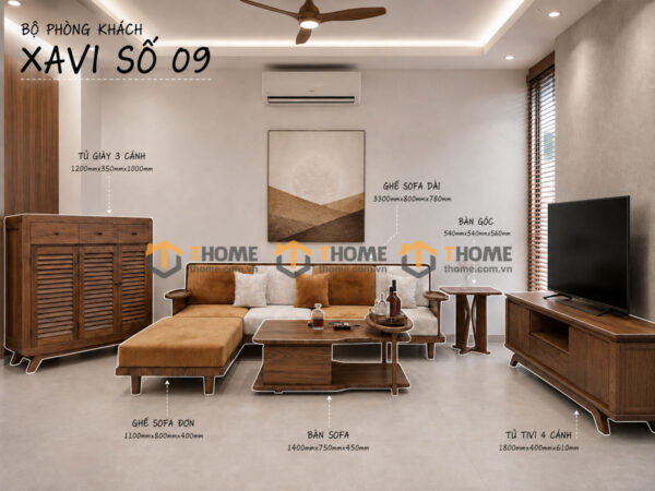Thiết Kế Bộ Phòng Khách Gỗ Sồi Tự Nhiên Số 09 Chân Quỳ TKPK-09SN
