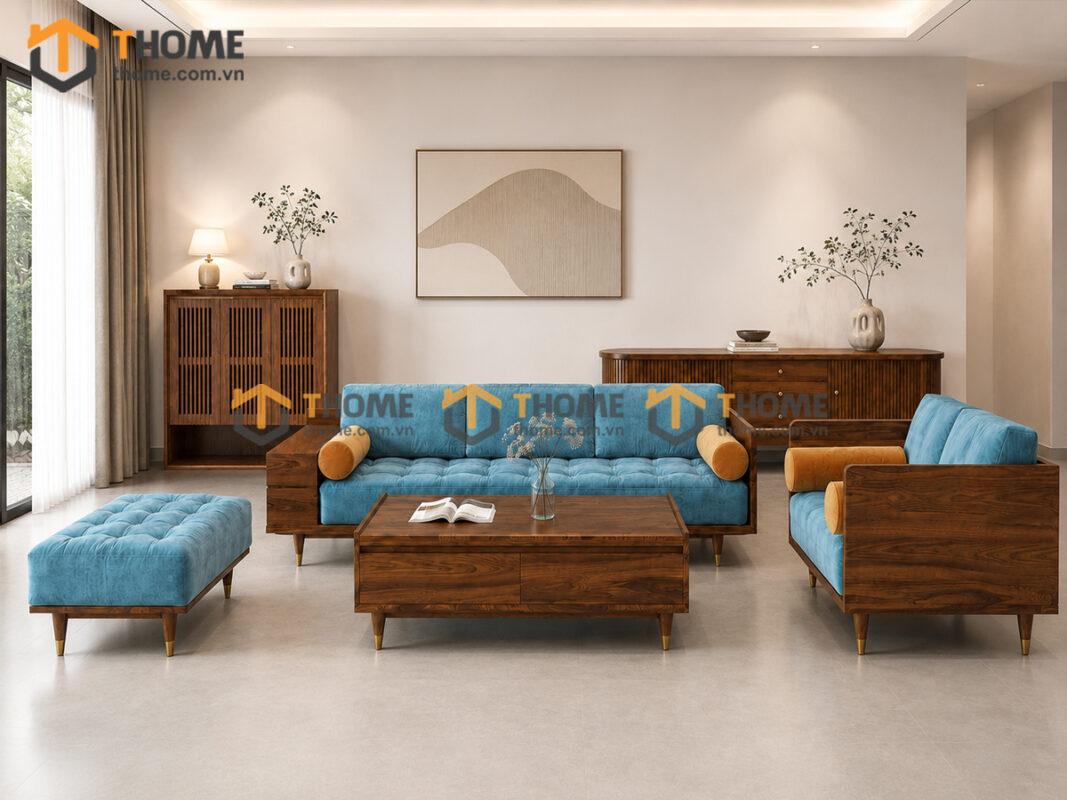 Thiết Kế Bộ Phòng Khách Gỗ Sồi Tự Nhiên Số 10 Chân Quỳ TKPK-10SN