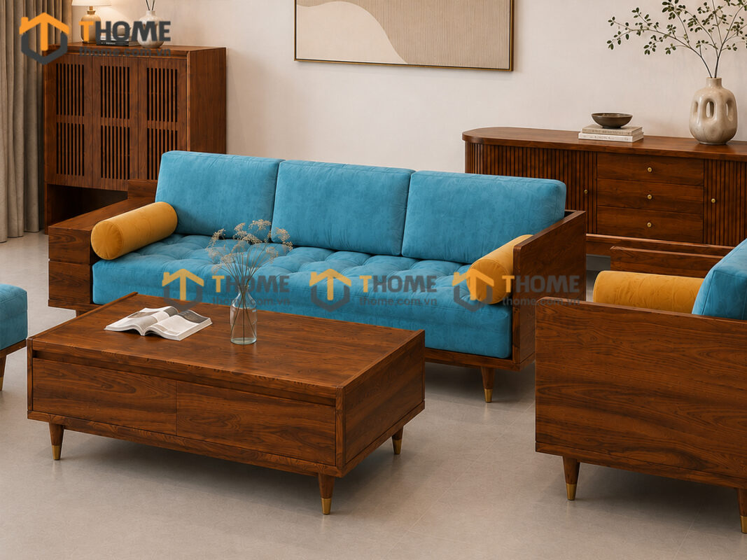 Thiết Kế Bộ Phòng Khách Gỗ Sồi Tự Nhiên Số 10 Chân Quỳ TKPK-10SN