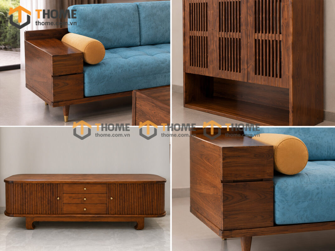 Thiết Kế Bộ Phòng Khách Gỗ Sồi Tự Nhiên Số 10 Chân Quỳ TKPK-10SN