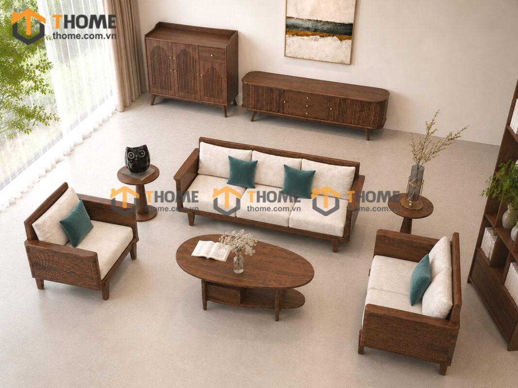 Thiết Kế Bộ Phòng Khách Gỗ Sồi Tự Nhiên Số 11 Chân Quỳ TKPK-11SN