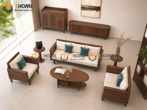 Thiết Kế Bộ Phòng Khách Gỗ Sồi Tự Nhiên Số 11 Chân Quỳ TKPK-11SN