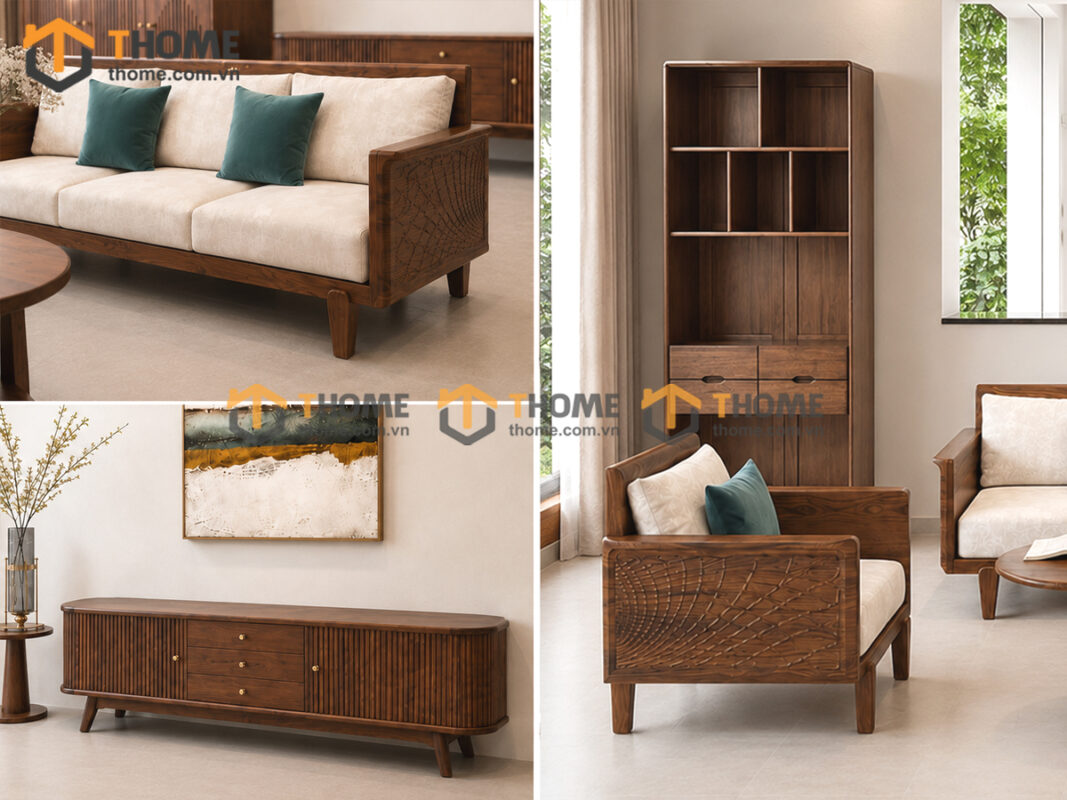 Thiết Kế Bộ Phòng Khách Gỗ Sồi Tự Nhiên Số 11 Chân Quỳ TKPK-11SN