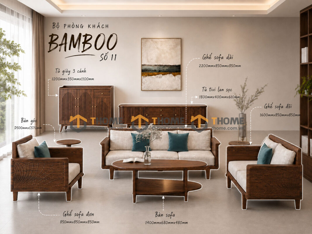 Thiết Kế Bộ Phòng Khách Gỗ Sồi Tự Nhiên Số 11 Chân Quỳ TKPK-11SN