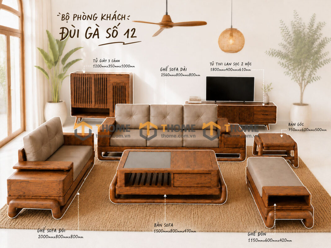 Thiết Kế Bộ Phòng Khách Gỗ Sồi Tự Nhiên Số 12 Chân Quỳ TKPK-12SN