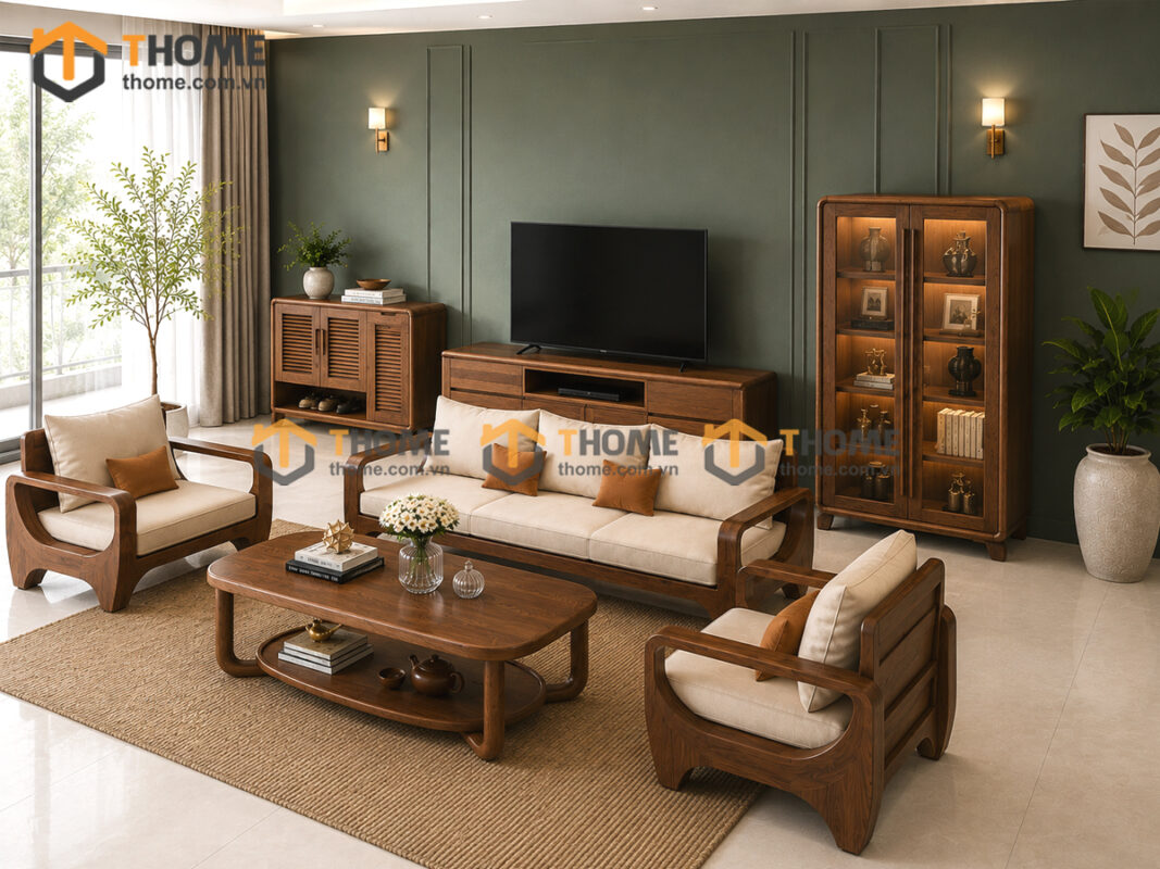 Thiết Kế Bộ Phòng Khách Gỗ Sồi Tự Nhiên Số 13 Chân Quỳ TKPK-13SN