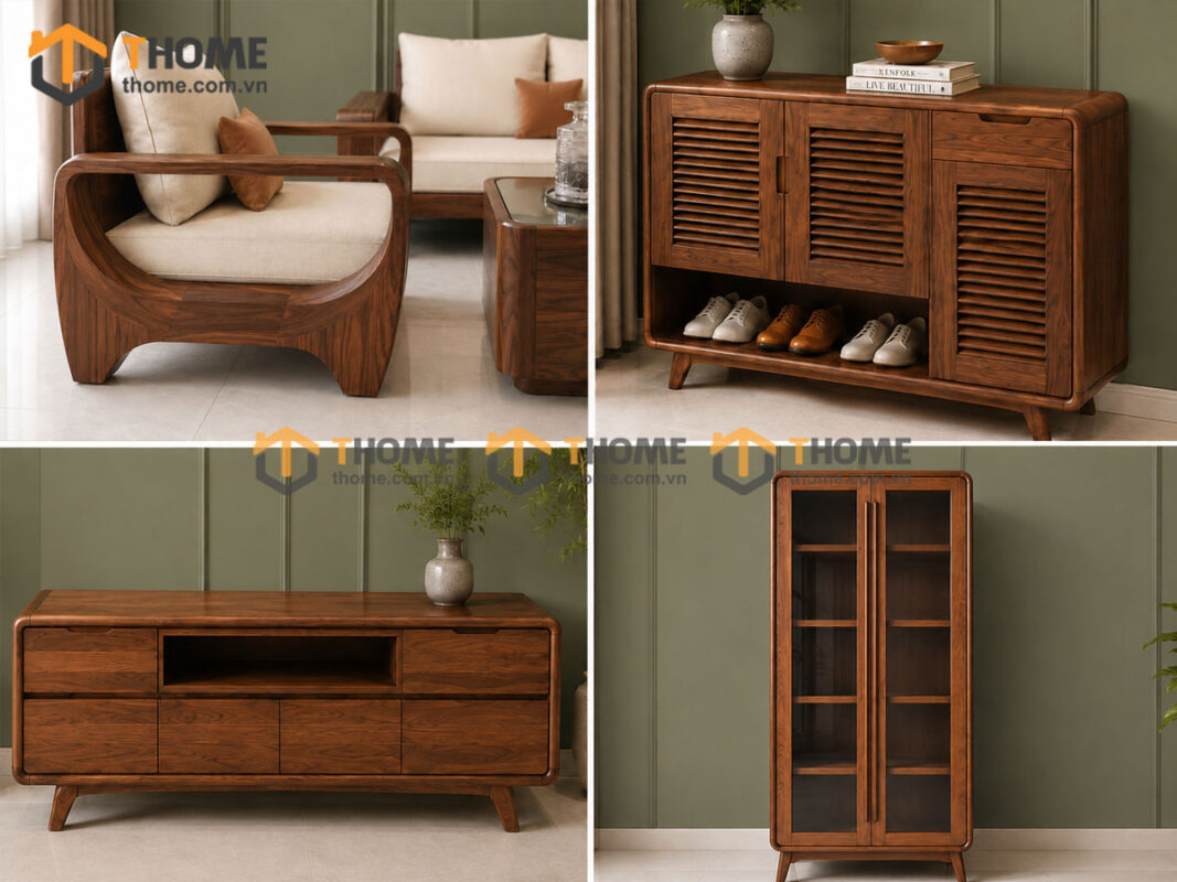 Thiết Kế Bộ Phòng Khách Gỗ Sồi Tự Nhiên Số 13 Chân Quỳ TKPK-13SN