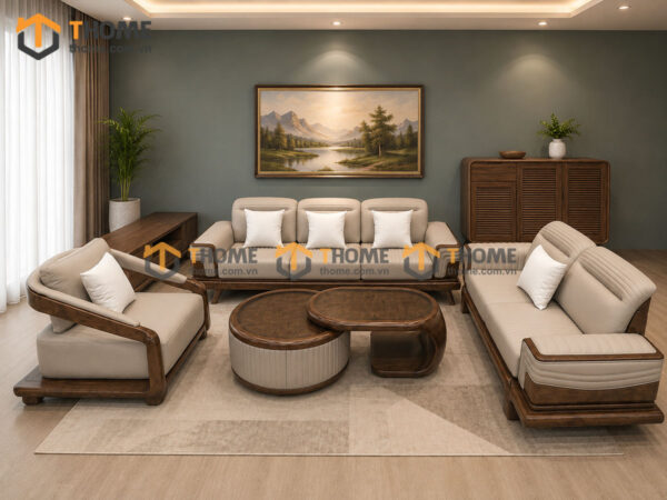 Thiết Kế Bộ Phòng Khách Gỗ Sồi Tự Nhiên Số 14 Chân Quỳ TKPK-14SN