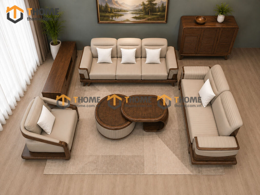 Thiết Kế Bộ Phòng Khách Gỗ Sồi Tự Nhiên Số 14 Chân Quỳ TKPK-14SN