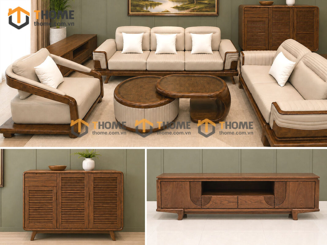 Thiết Kế Bộ Phòng Khách Gỗ Sồi Tự Nhiên Số 14 Chân Quỳ TKPK-14SN