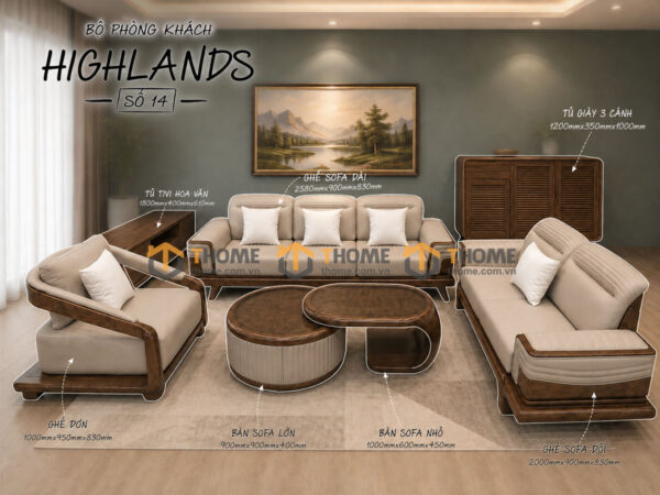 Thiết Kế Bộ Phòng Khách Gỗ Sồi Tự Nhiên Số 14 Chân Quỳ TKPK-14SN