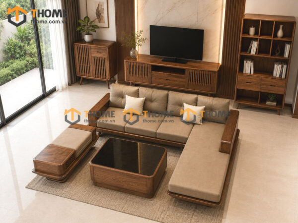 Thiết Kế Bộ Phòng Khách Gỗ Sồi Tự Nhiên Số 15 Chân Quỳ TKPK-15SN