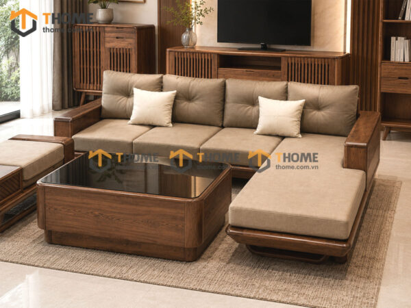 Thiết Kế Bộ Phòng Khách Gỗ Sồi Tự Nhiên Số 15 Chân Quỳ TKPK-15SN