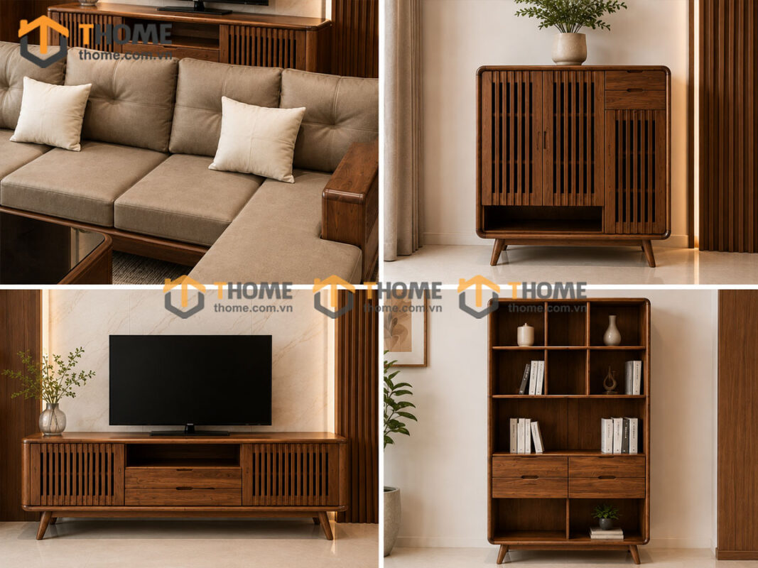 Thiết Kế Bộ Phòng Khách Gỗ Sồi Tự Nhiên Số 15 Chân Quỳ TKPK-15SN
