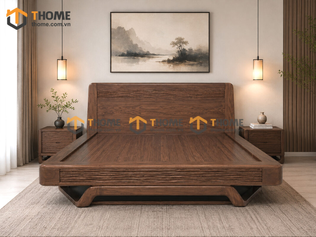 Giường Ngủ Gỗ Sồi Tự Nhiên 100% Đầu Gỗ Chân Gợn Sóng Màu Óc Chó GN-31SN